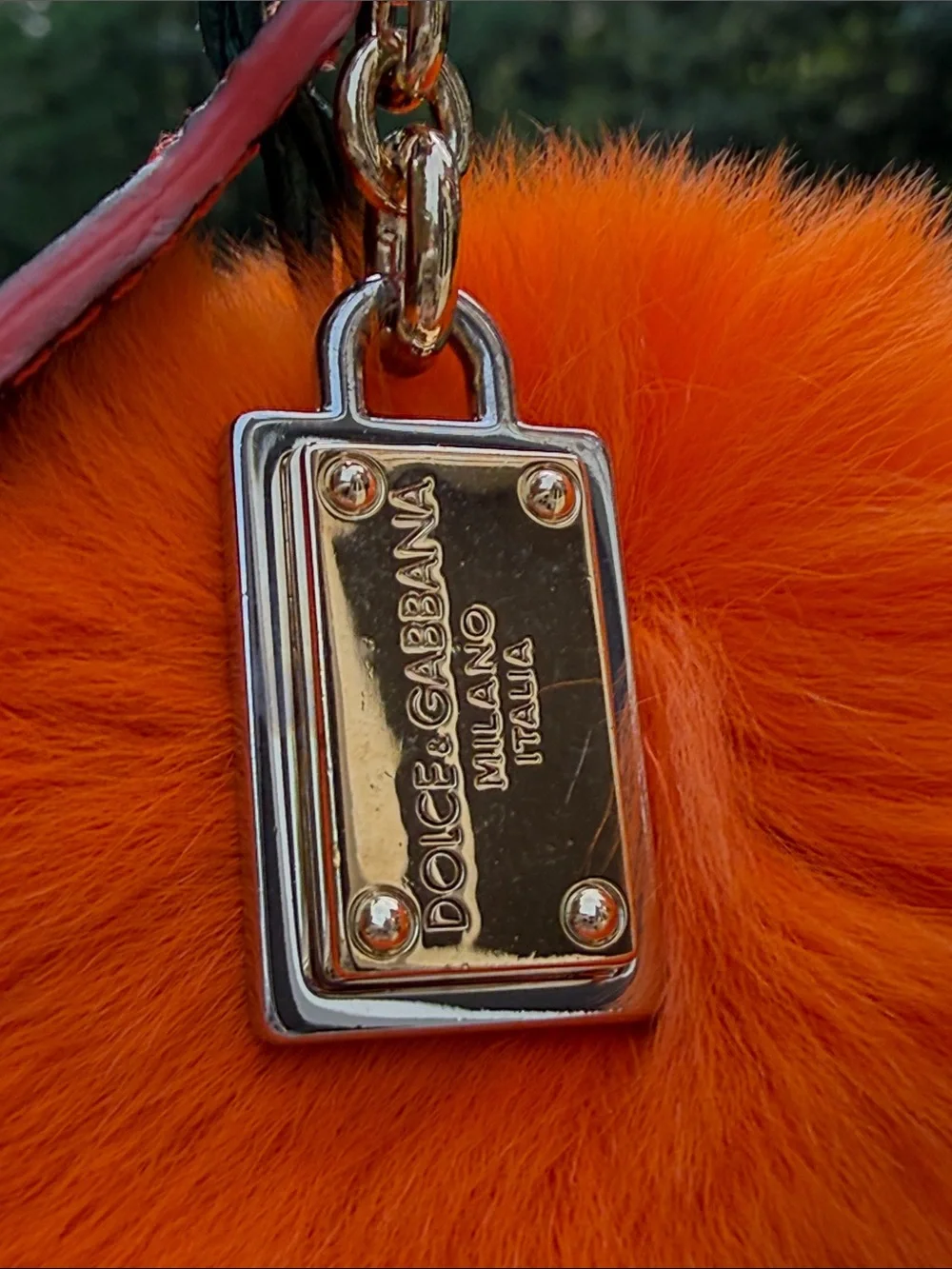 Dolce & Gabbana Orange  Mink Fur Pom-Pom Keychain with Black Leaf Accent